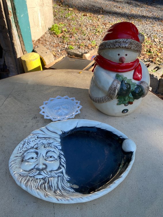 Christmas items including Santa tray and Snowman cookie jar