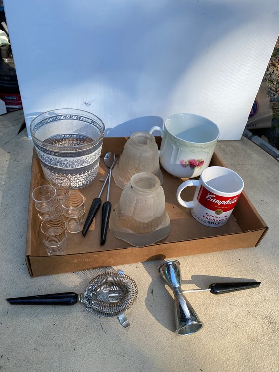 Ice bucket and accessories, light shades, coffee cups, shot glasses