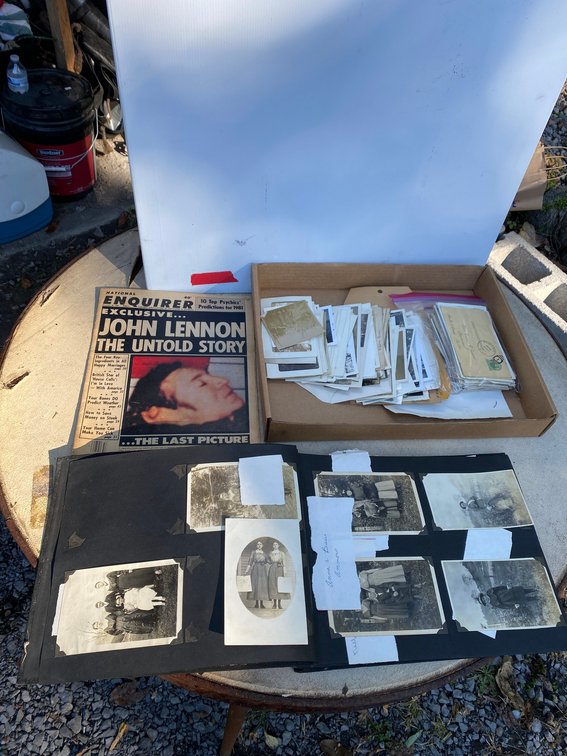 Vintage photo album, loose photos, John Lennon funeral magazine