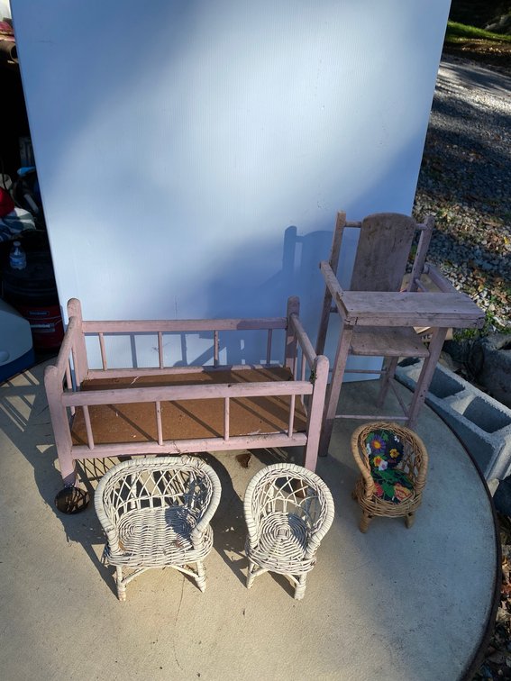 Vintage toy items-highchair, baby bed, miniature furniture