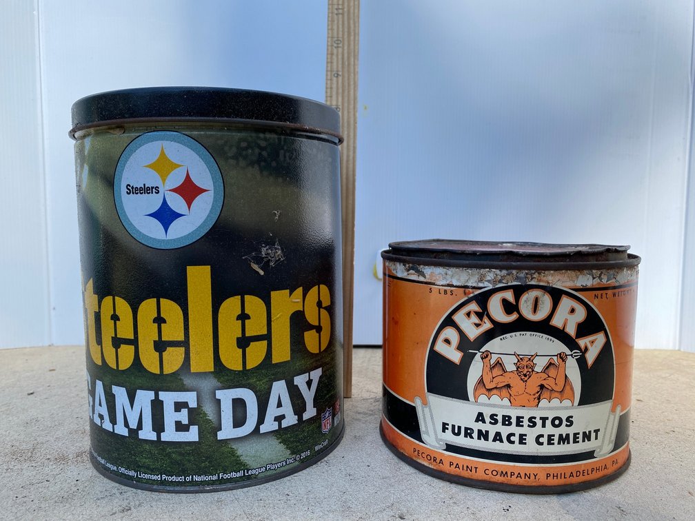 Pittsburgh Steelers metal can, Pecora Furnace Cement metal can