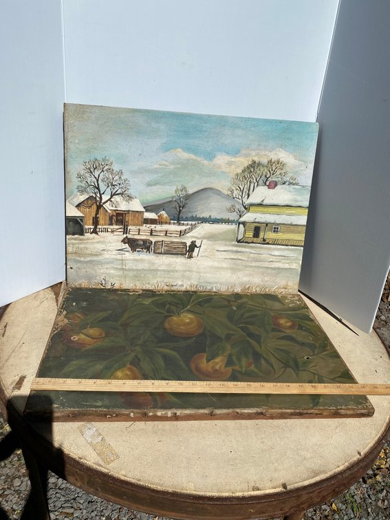 2 Paintings-1 on canvas, metal tray