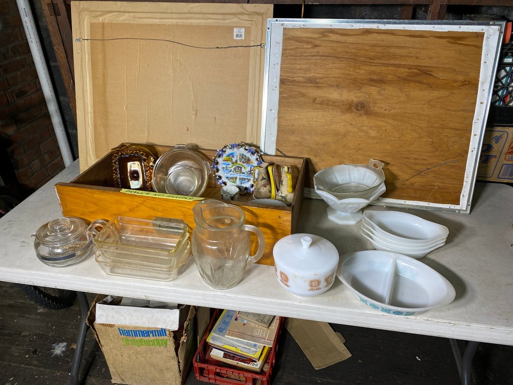 Glassware serving bowls, trays, misc. decorative items, Pyrex mixing bowls