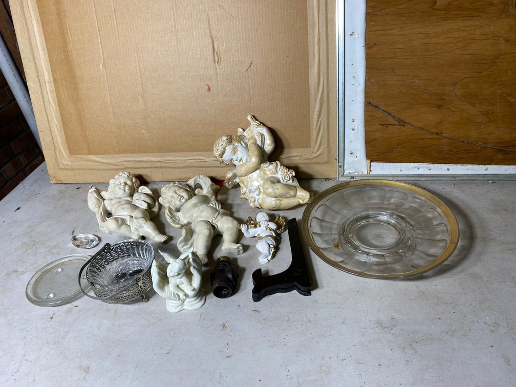 Cherubs, glassware, plate holders, etc.