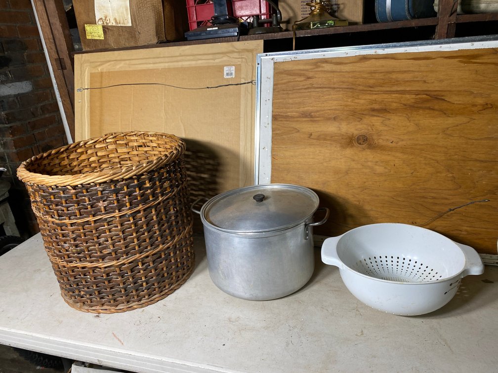 Wicker basket, aluminum cooking pot, strainer