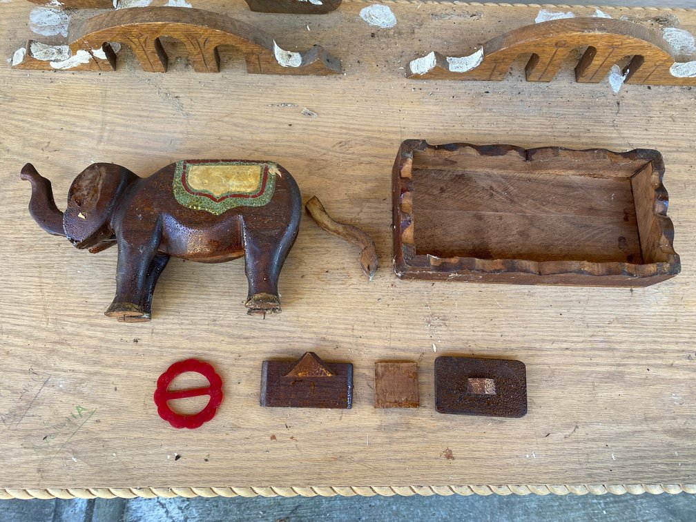 Carved wooden elephant, misc.