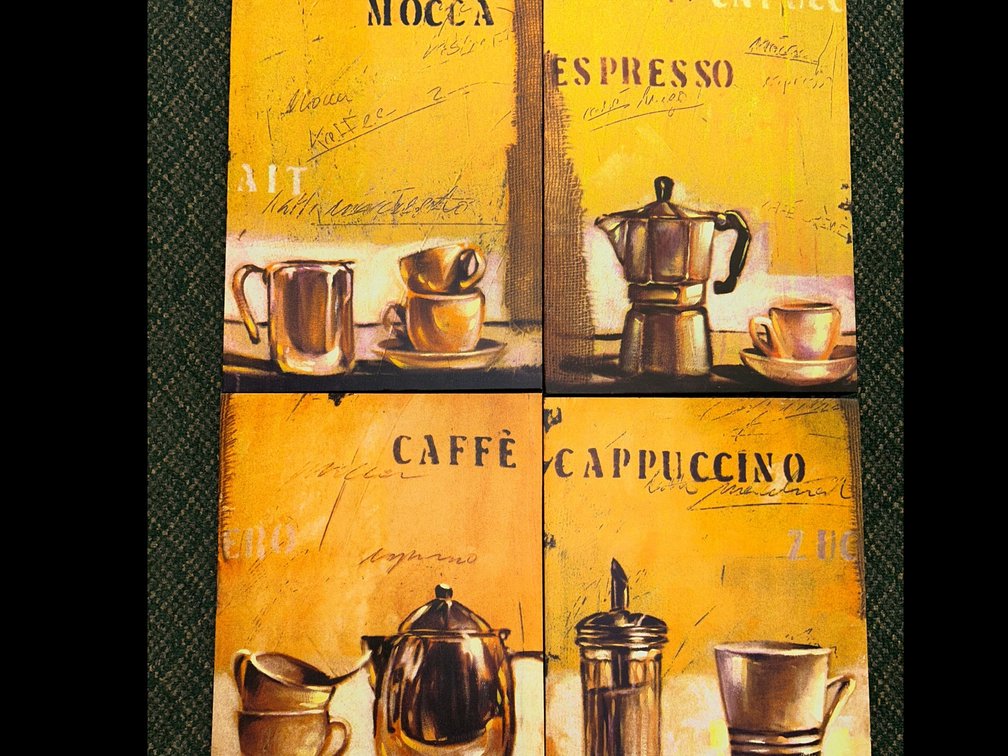 Gift Craft floor model set of 4 fabric wall hangings-Caf\uFFFd, Cappuccino, Espresso, Mocha-model #861809