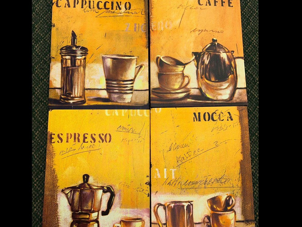 Gift Craft set of 4 fabric wall hangings-Caf\uFFFd, Cappuccino, Espresso, Mocha-model #861809-still partially wrapped
