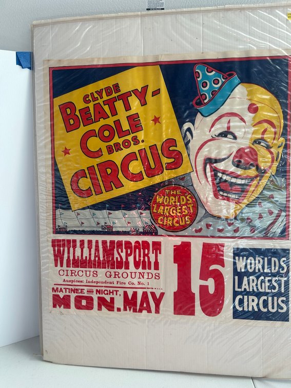 Vintage Clyde Beatty Cole Bros. Circus poster-on backing board