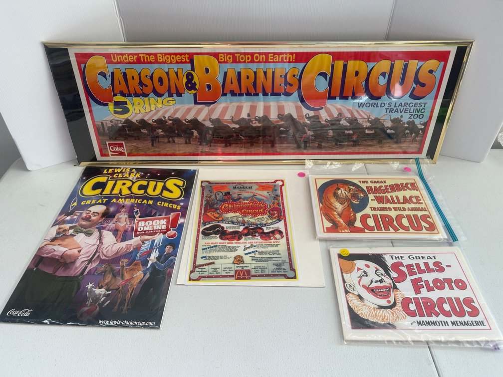 Selection of circus memorabilia advertising flyers