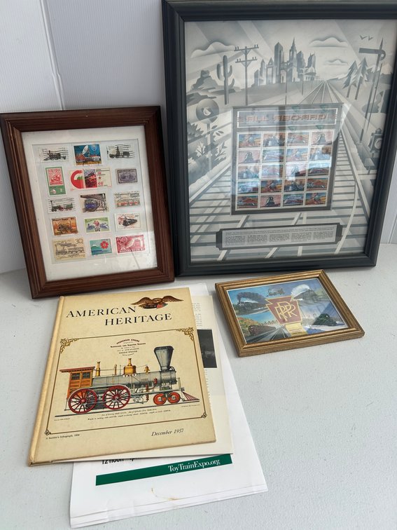 Railroad theme items, collectible stamps, American Heritage book, framed Pennsylvania RR print
