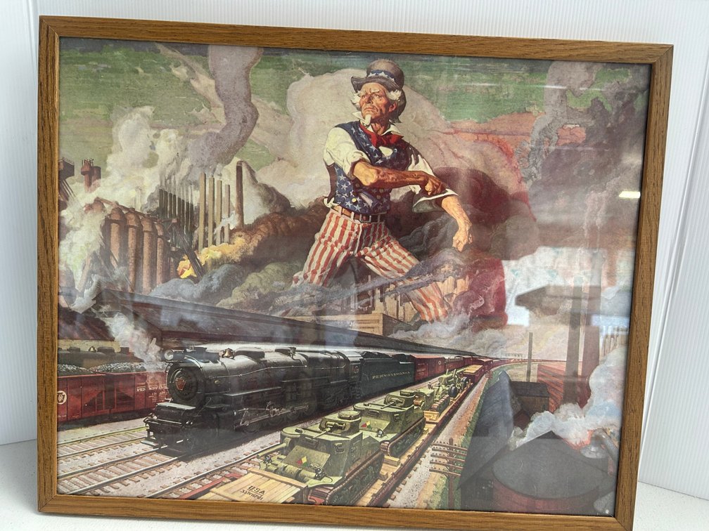 Large framed print featuring Uncle Sam with a steam locomotive