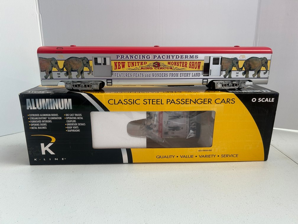 K-Line Prancing Pachyderms railroad transport car marked New United Monster Show
