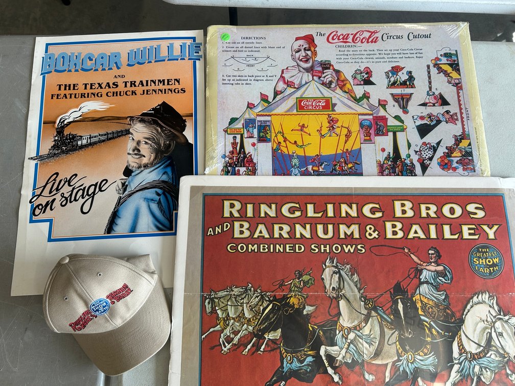 Selection of circus advertisements, Boxcar Willie poster, Ringling Bros. hat, Coca-Cola sign