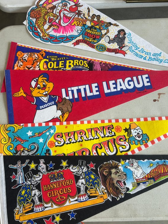 Selection of circus theme pennant flags, 2 Ringling Bros. posters
