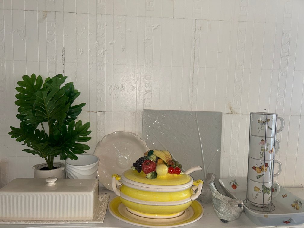 Yellow and White Terrain with Ladle, 4 Cups in Stand, 1- Baking Pan, Large Covered Platter