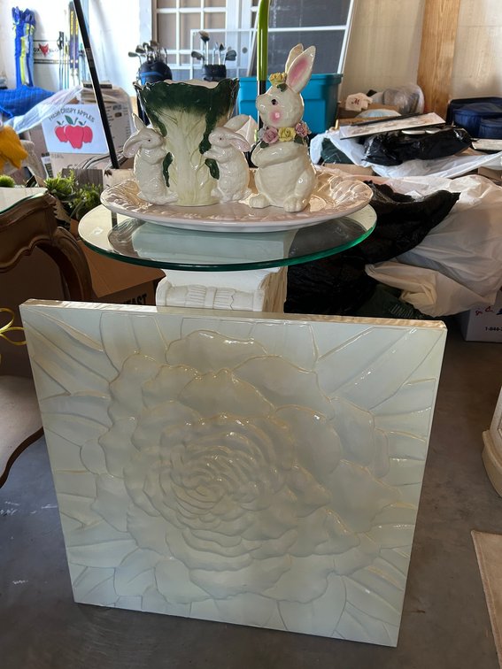 Pressed Tin Metal sign of a Rose, Pedistal with Glass Top, Platter, 2-Rabbit D\uFFFdcor Pieces- 1-is a Vase