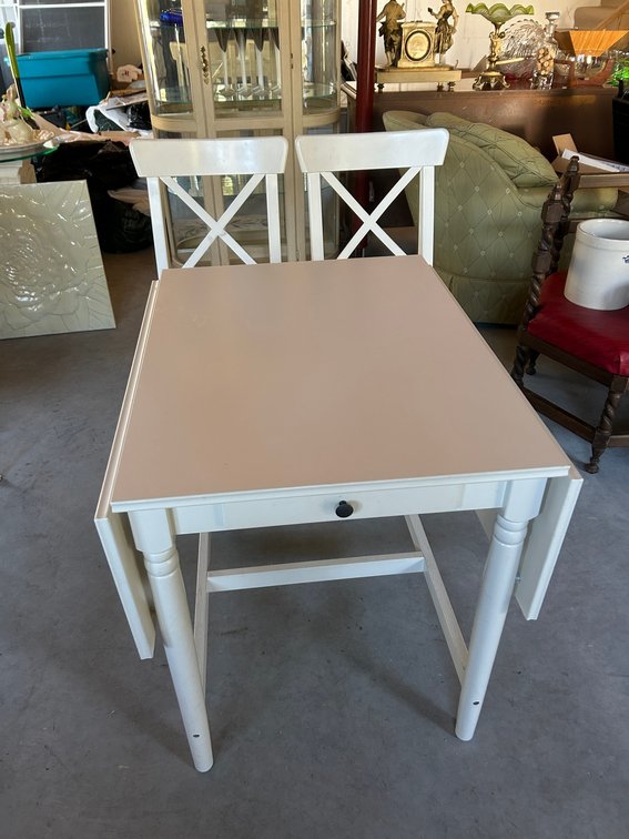 Small White Painted Drop Leaf Kitchen Table with 2 Chairs