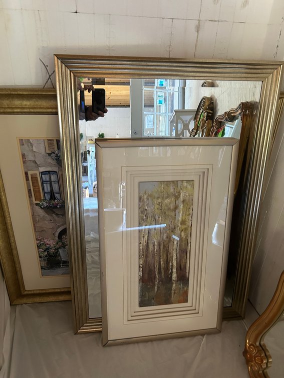 Gold Mirror and 2-Small Framed Prints