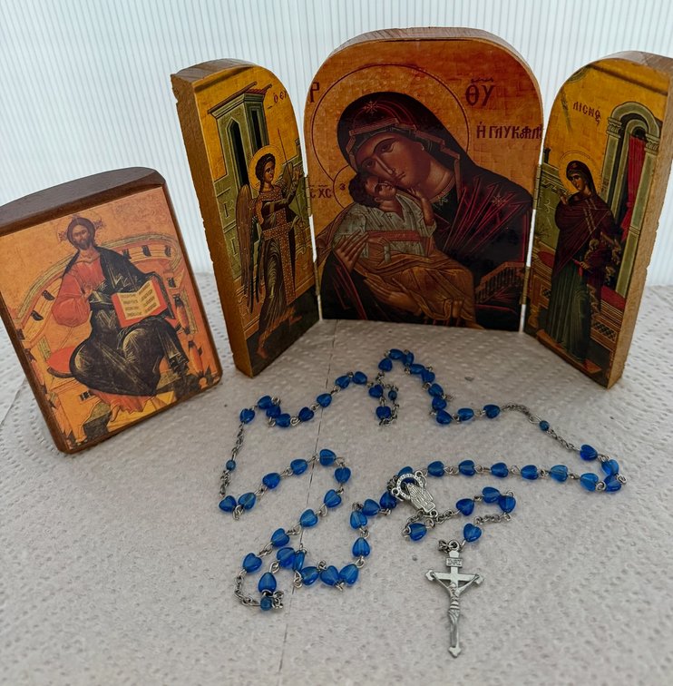 Byzantine style icons, rosary, and cross necklaces