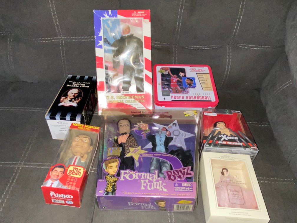 Us Servicemen  Memorial Collection Vietnam War Doll, Bob Prince Talking Bobble Head, Mr. Bean Bobble Head, Retro Basketball Lunch Tin, and More
