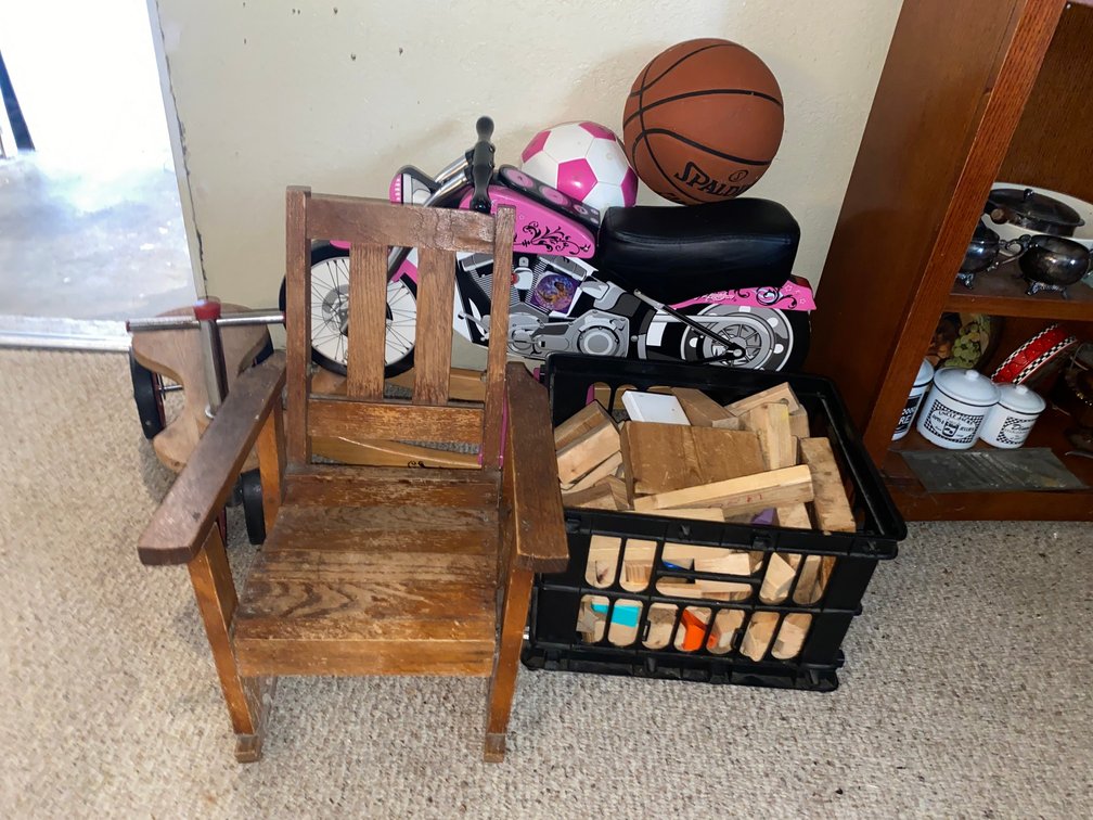 Motorcycle Rocker Toy, Vintage Ride on Toy, Soccer Ball, Basketball, Blocks, Child's Rocking Chair