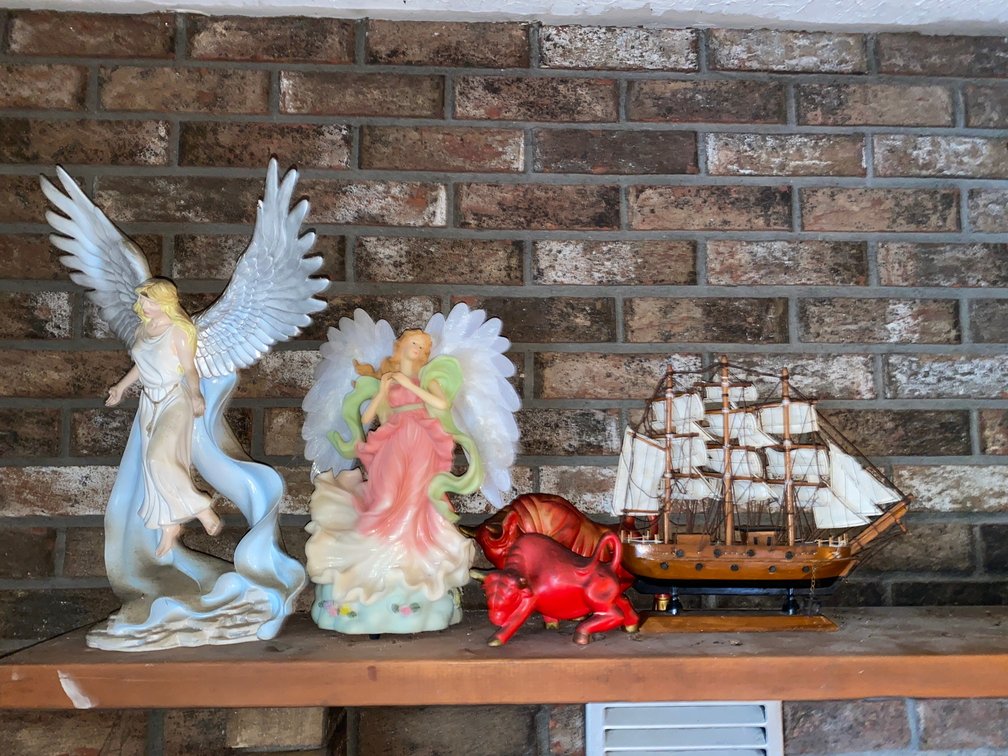 Angel Figurines and Small Wooden Display Sailboat