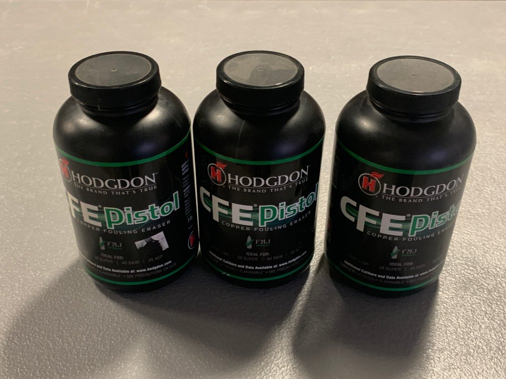 [2381]  Three Hodgdon CFE Pistol Smokeless Powder Containers