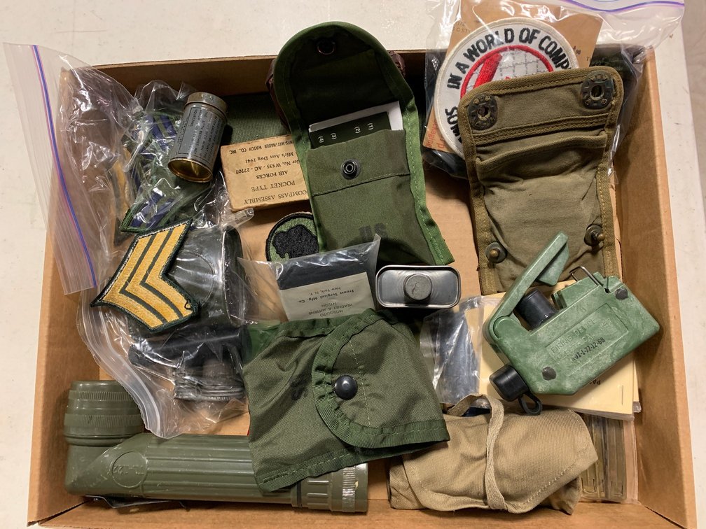 [3383]  Mil Surplus Lot: Chevron, Gauze, Compass, Flashlight, Firing Device, Etc