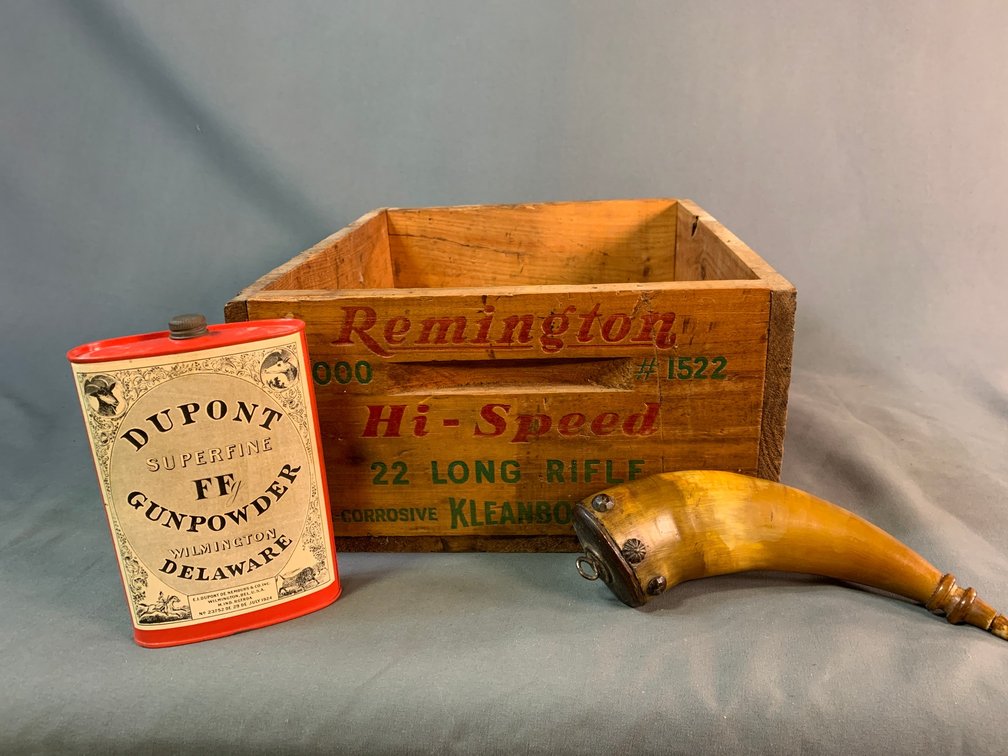 [2434]  Powder Horn, Empty Dupont FFg Black Powder Can, Remington Ammo Crate