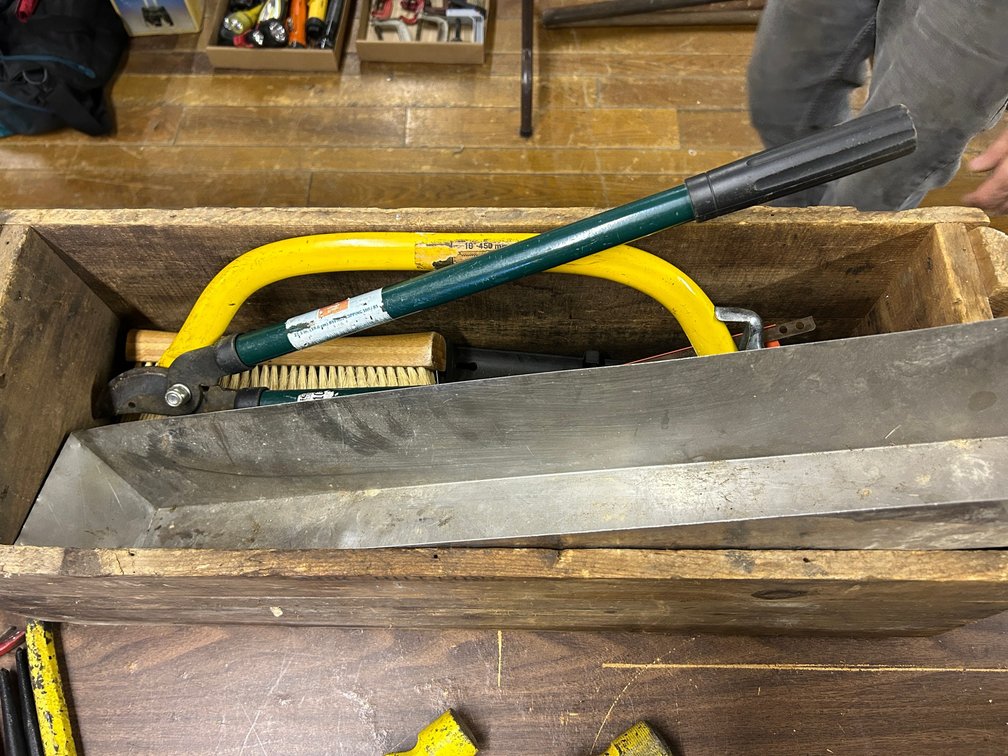 Wooden Box, Brush, Monkey wrench, Metal Tray, Mopping Shoes