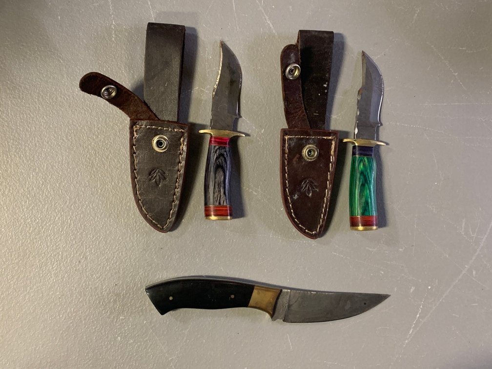 [3121]  Three Custom Crafted Fixed Damascus Steel Blade Knives w/Sheaths