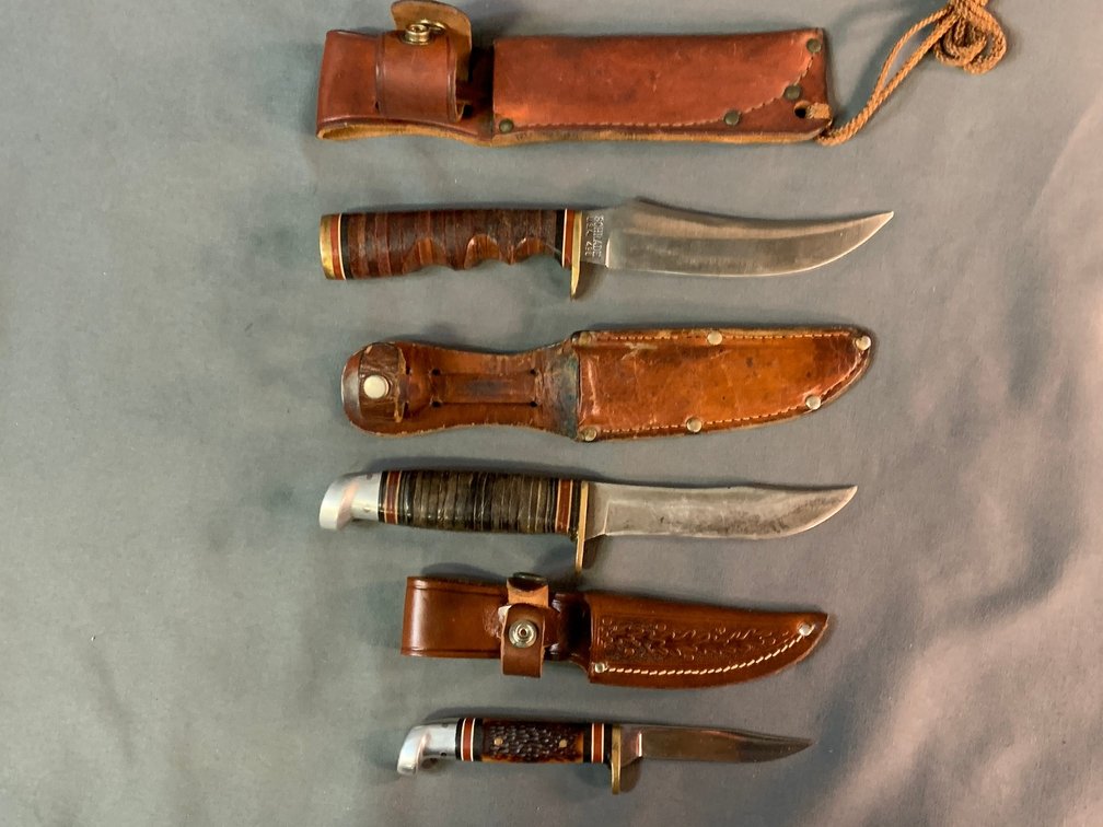 [3122]  Three Fixed Blade Stacked Handle Hunting Knives w/Sheaths