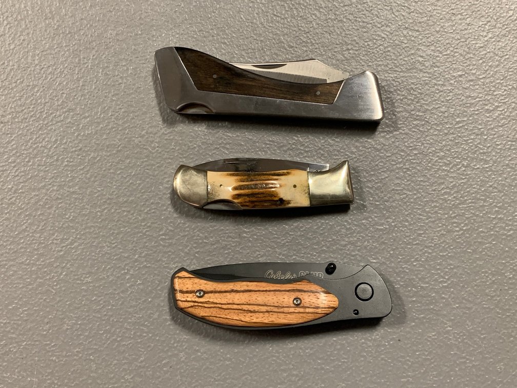 [3039]  Three Folding Knives: Cabelas, Parker Brothers, Sharp