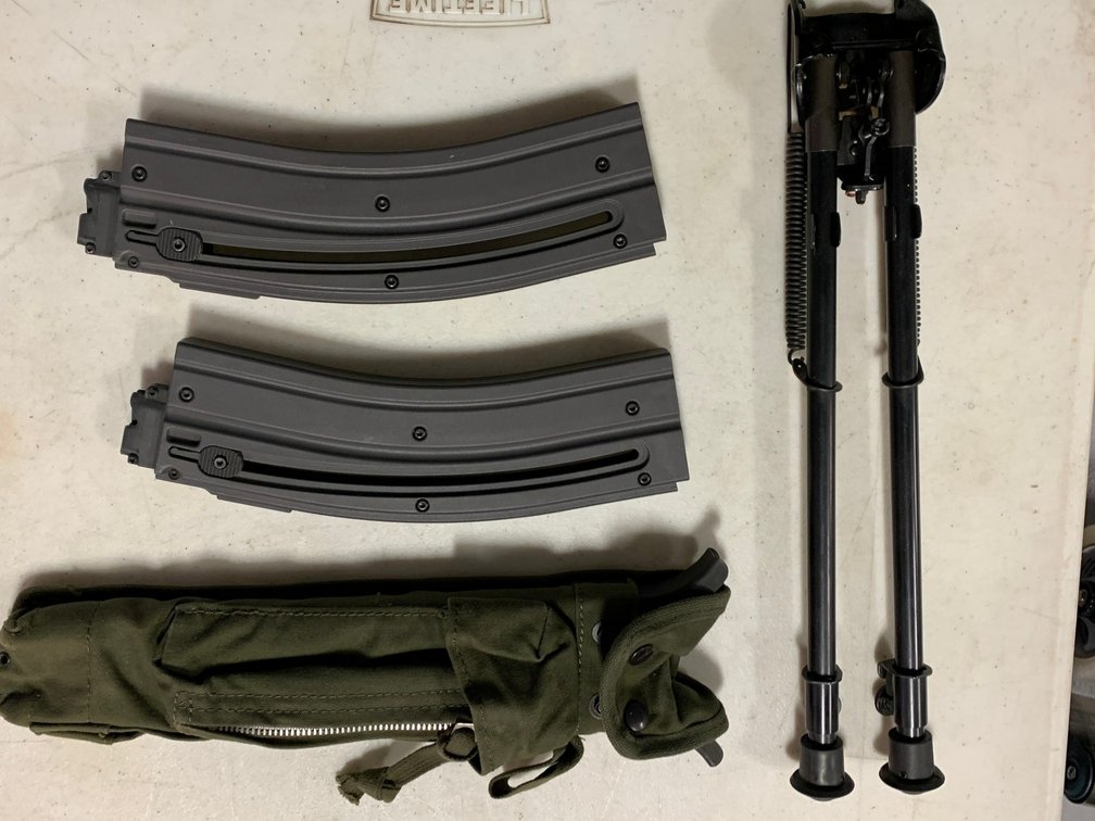 [3231]  Two .22-cal AR Mags, Two Sets of Bipods