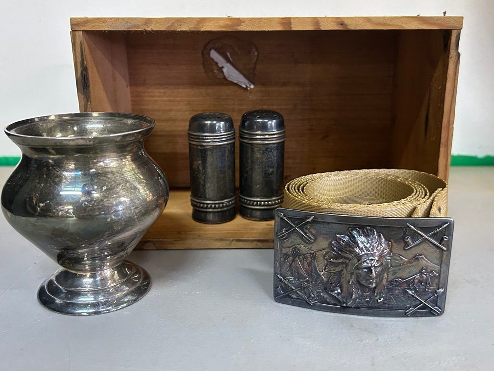 Native American Chief Belt Buckle, Silver Plate Salt and Pepper shakers, Silver Plate