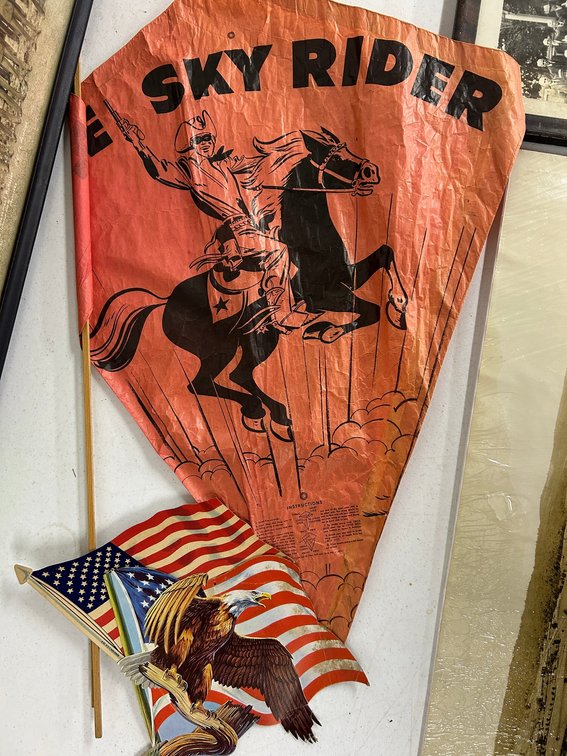 Vintage child's Paper Kite, Decorative Cardboard Picture of Flag Eagle and a Decorative Flag