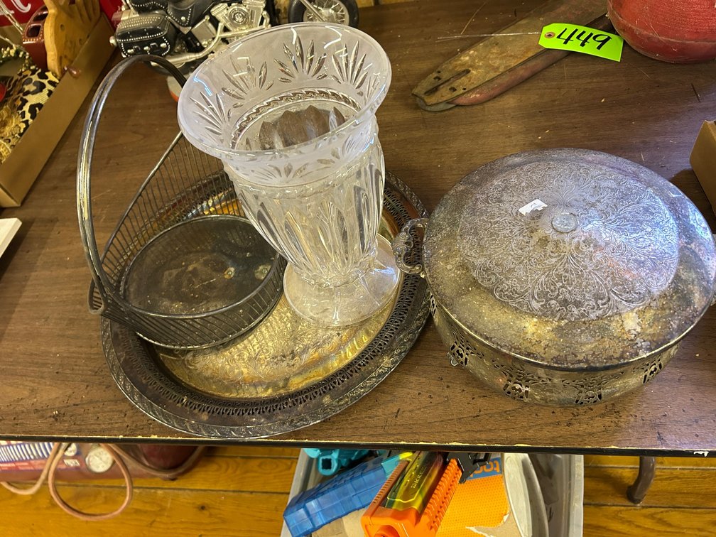 Silver Plated Tray, Basket, Dish, Glass Vase