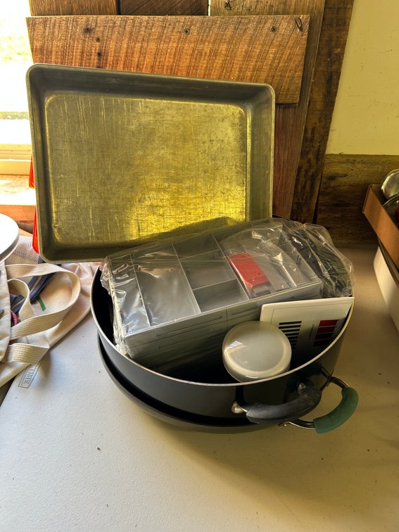 Pots, baking pan, and powdered sugar dispenser