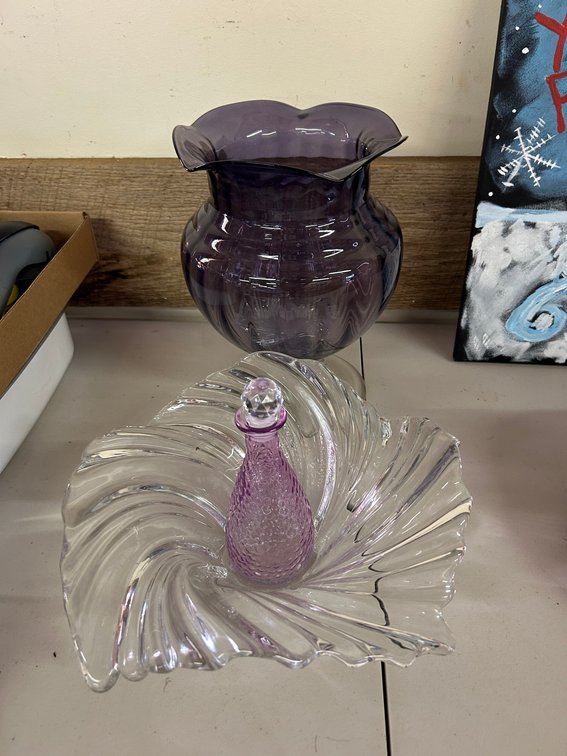 Purple to Clear Glass Vase, Swirl Pressed Glass bowl, Perfume Bottle