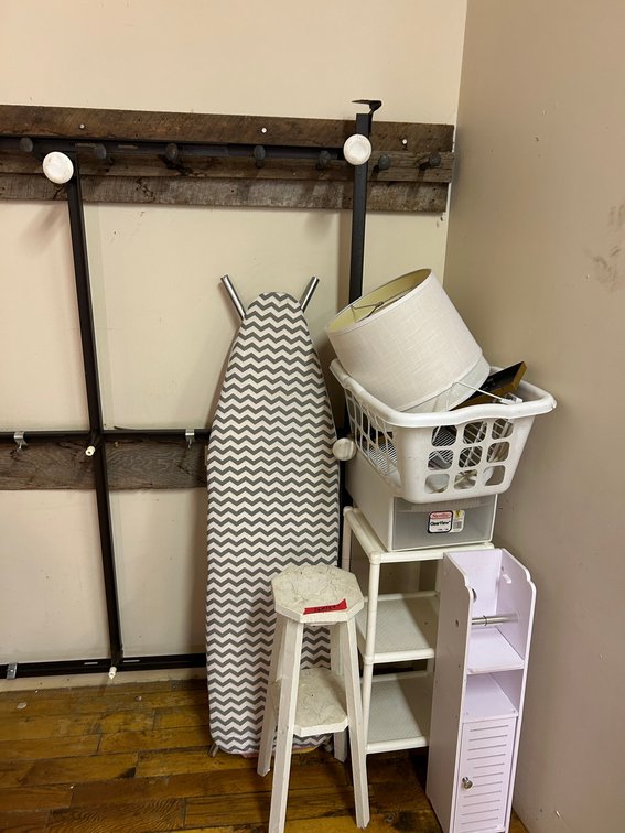 Ironing board, shelves, basket, lamp shades