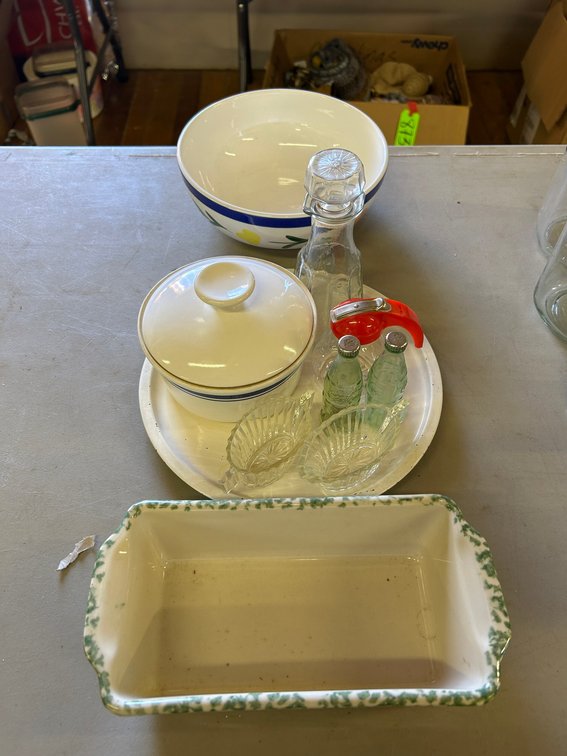 Ceramic loaf pan, Painted Salad Bowl, Syrup Pitcher, salt and pepper shakers, cream and sugar dishes