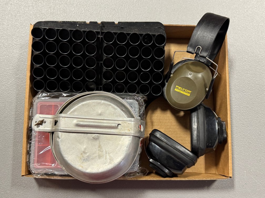 [2439]  Two Ear Muffs, Shell Holders, Mess Kit, Plastic Storage Container