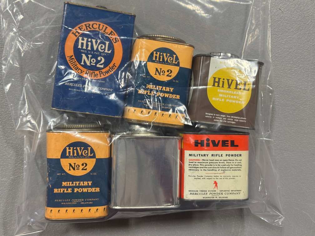 [2365]  Six Hi-Vel Empty Smokeless Powder Container