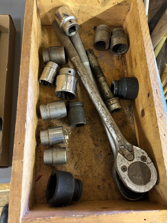 2-3/4 inch Racket wrenches, Sockets in a Wooden Box
