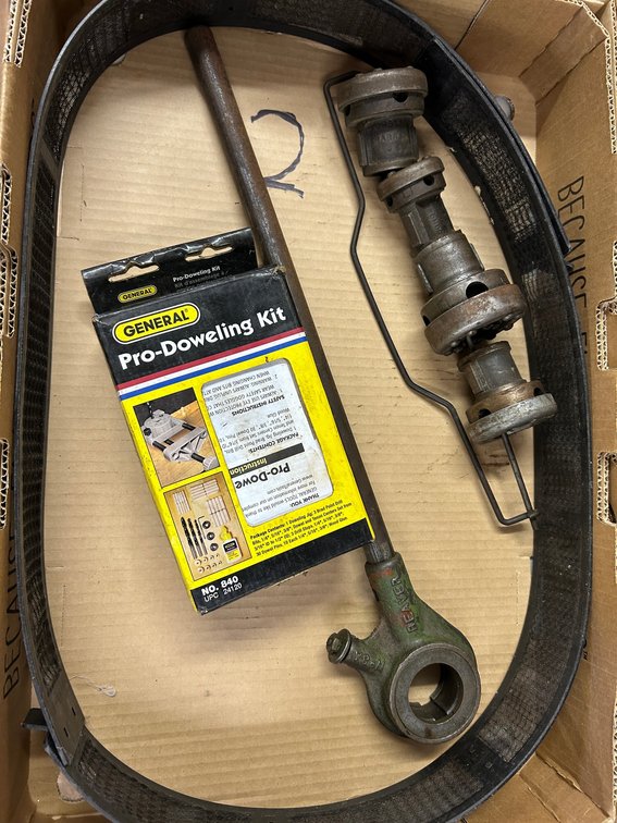 Doweling kit, heavy drive/fan belt, ratcheting pipe threader