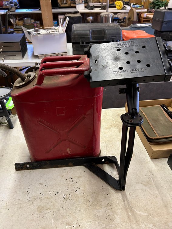 Gas can and RAM Mount Tough Tray II laptop mount with bracket