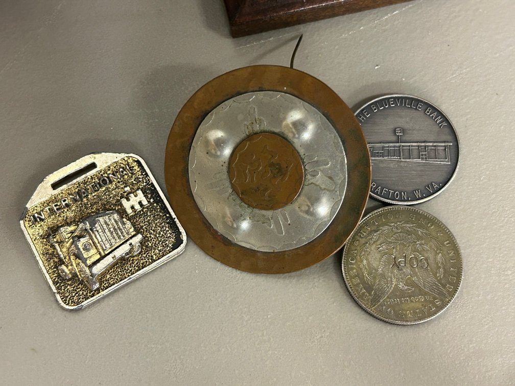 International Harvester pocket watch fob, Bank of Grafton, WV commemorative medal, Copy Morgan Dollar