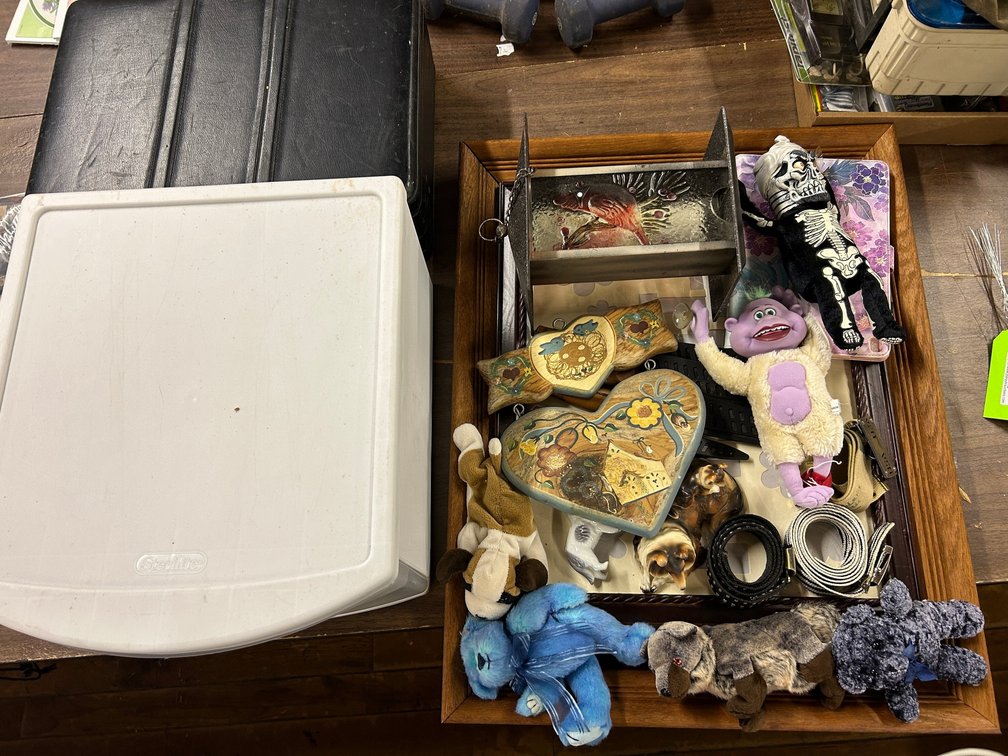 Briefcase, A Picture Frame, Storage box, Knives, hanging Bird Feeder