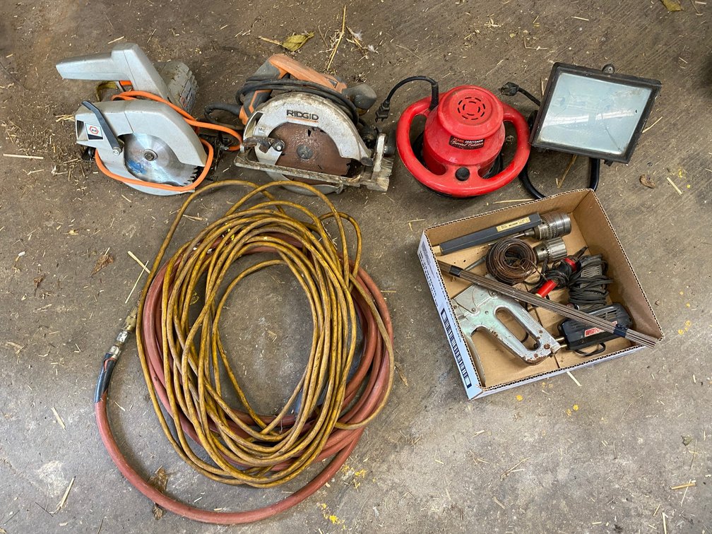 Circular Saw, Buffer, Work Light, Staple Gun, Soldering Gun, Extension cord, Air Hose